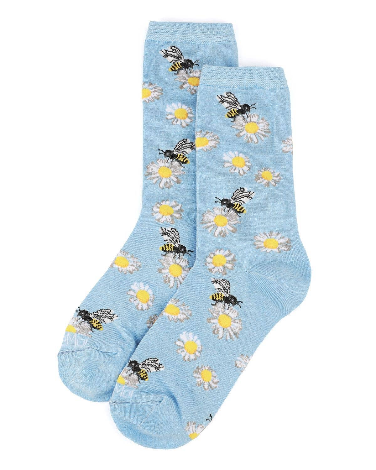 MeMoi Daisy Bees Bamboo Crew Sock: Light Blue / 9-11