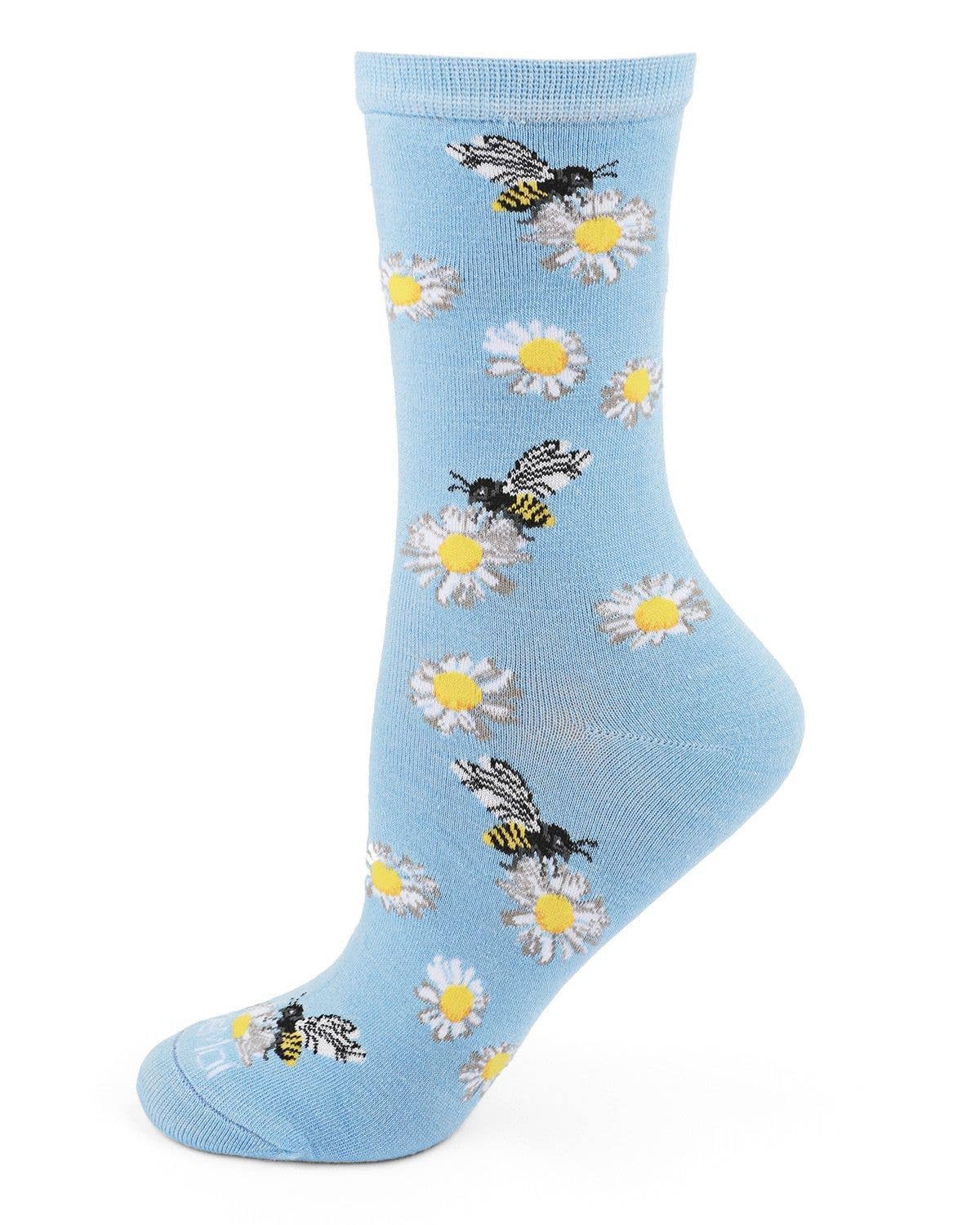 MeMoi Daisy Bees Bamboo Crew Sock: Light Blue / 9-11