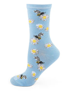 Load image into Gallery viewer, MeMoi Daisy Bees Bamboo Crew Sock: Light Blue / 9-11
