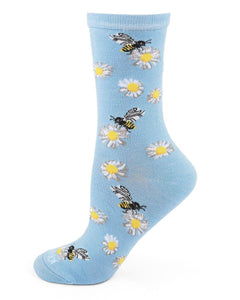 MeMoi Daisy Bees Bamboo Crew Sock: Light Blue / 9-11