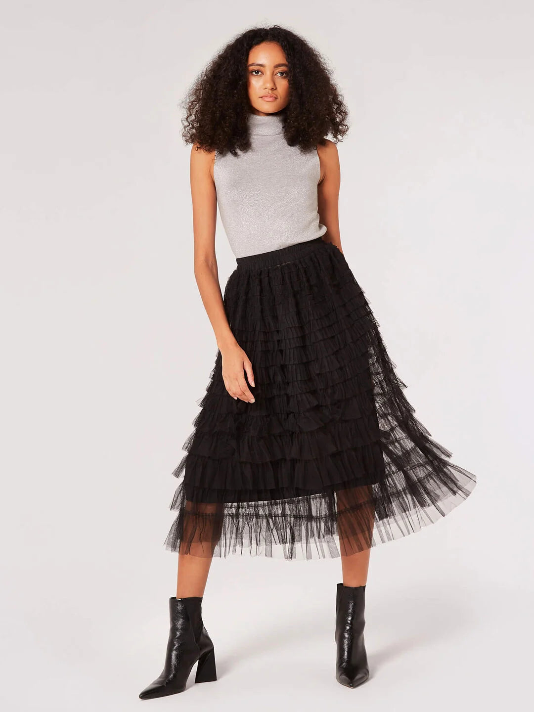 Tulle Ruffle Tiered Midi Skirt - Black