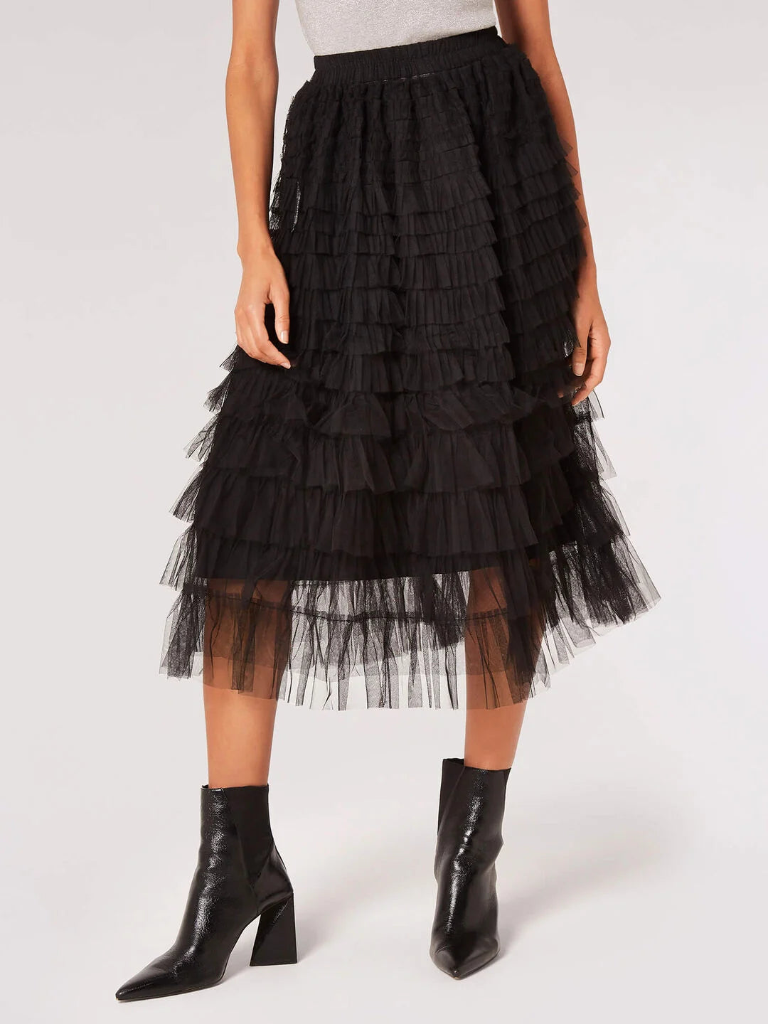 Tulle Ruffle Tiered Midi Skirt - Black