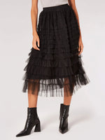 Load image into Gallery viewer, Tulle Ruffle Tiered Midi Skirt - Black
