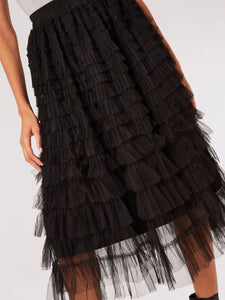 Tulle Ruffle Tiered Midi Skirt - Black