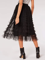 Load image into Gallery viewer, Tulle Ruffle Tiered Midi Skirt - Black
