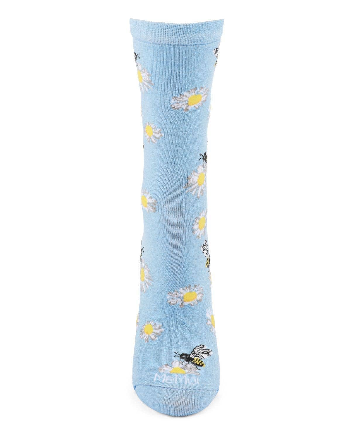 MeMoi Daisy Bees Bamboo Crew Sock: Light Blue / 9-11