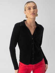 Textured Velvet Button Up Top Black