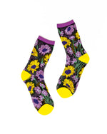 Load image into Gallery viewer, Mixed Sunflowers Black Sheer Crew Sock
