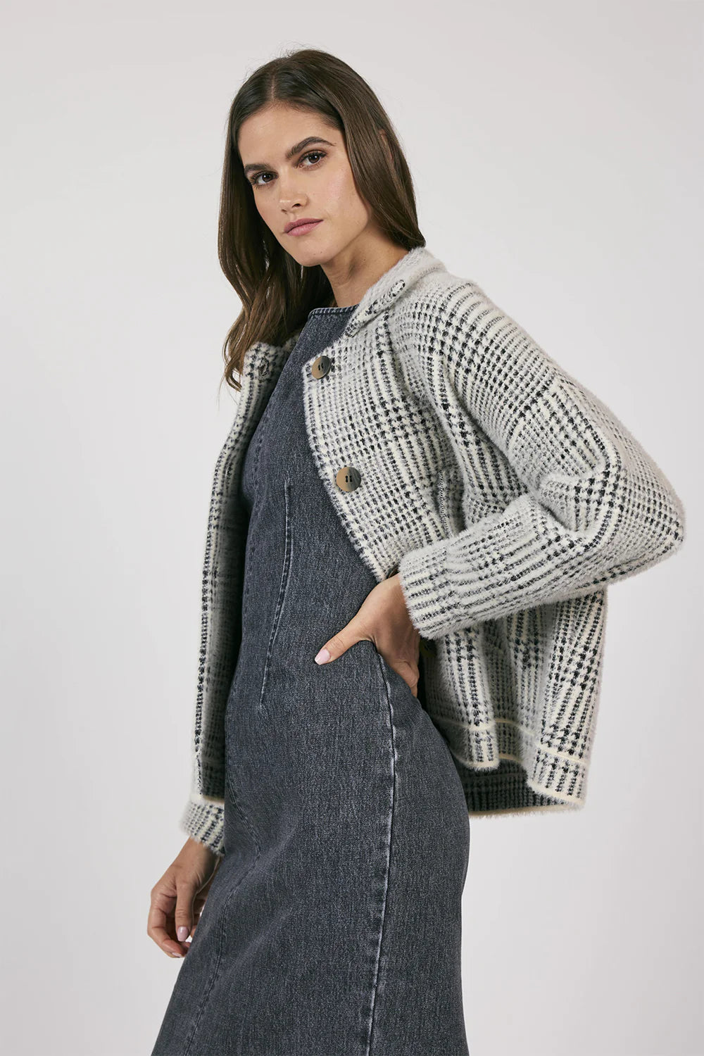 Lola Plaid Sweater Jacket Cream Black