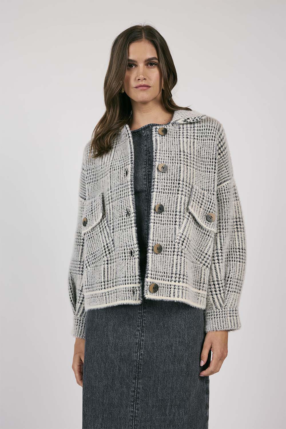 Lola Plaid Sweater Jacket Cream Black